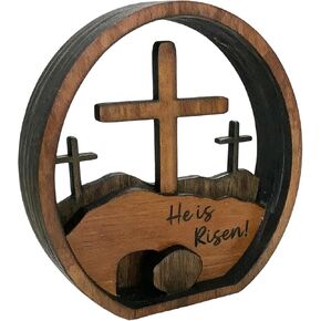 Christian Easter Decoration,Wooden Artwork Sign He is Risen,Empty Tomb Easter Scene and Cross Decoration,Jesus Resurrection Decor,Table Sign and Family Gatherings Festival Ornament in Kuwait