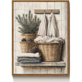 Framed Farmhouse Bathroom Counter Canvas Wall Art Rustic Neutral Towel And Plants Corner Painting Picture Wall Decor Relax Calm Poster Print Artwork for Washroom Laundry Living Room Home Decoration in Saudi Arabia