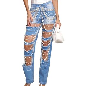 Womens Pearl Rhinestone Denim Jeans High Waist Distressed Straight Leg Stretch Distressed Denim Pants in Kuwait