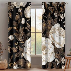 ستائر تعتيم زهور ذهبية سوداء لغرفة النوم، ستائر نافذة بوهو داكنة على شكل أوراق زهور داكنة نباتية، ستائر جروميت فريدة من نوعها باللون الذهبي الوردي العتيقة لغرفة المعيشة، عرض 52 × 84 ارتفاعًا، لوحتان in Kuwait