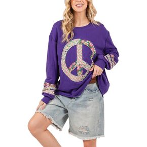 Women's Casual Graphic Peace Sign Sweatshirt - Purple Cotton Blend, Long Sleeve with Pullover Closure in Kuwait