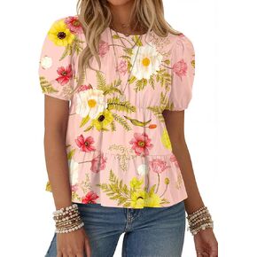 Rapbin Womens Puff Sleeve Peplum Babydoll Tops Summer Smocked Pleated Cotton T-Shirts Casual Loose Fit Flowy Blouse（Pink Floral M） in Kuwait