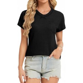 تي شيرت حريمي منسوج برقبة على شكل حرف V وأكمام قصيرة ناعم ومسامي وفضفاض مناسب للربيع والصيف، بلوزة غير رسمية in Kuwait