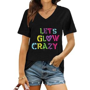 Let's Glow Crazy V-Neck T-Shirt for Women 80s 90s Retro Vintage Party Short-Sleeve Graphic Top in Saudi Arabia