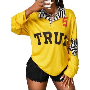 قمصان جولف نسائية Y2K مخططة بأكمام طويلة وطباعة حروف النجوم، قميص فضفاض مناسب للشارع in Kuwait