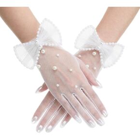 قفازات شفافة من اللؤلؤ الأبيض مع أقواس، وقفازات قصيرة من التول على شكل فيونكة، قفاز شبكي أنيق عتيق مصنوع من مادة شبكية قابلة للتنفس للنساء العروس والحفلات المسائية وحفلات الشاي in Kuwait