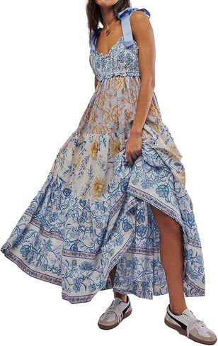 Women Floral Maxi Dress Sleeveless Tie Shoulder Bohemian Flowy Smocked Dresses Casual Summer Sundress with Pockets in Kuwait