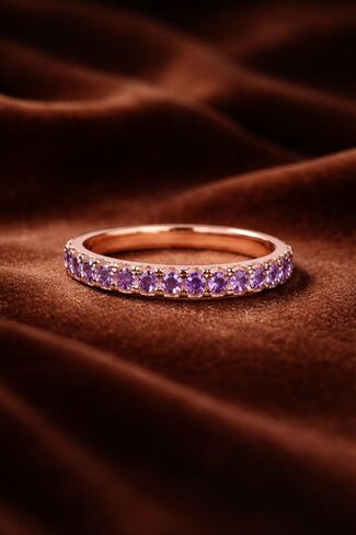 14K Rose Gold Wedding Band Dainty Purple Amethyst Stackable Ring Half Eternity Anniversary Band February Birthstone Promise Jewelry Gift for Her in Saudi Arabia