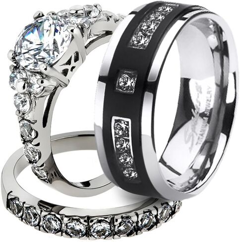 Marimor Jewelry His and Her Stainless Steel 2.50 Carat Cubic Zirconia Bridal Set and Men's Titanium Wedding Band in Saudi Arabia