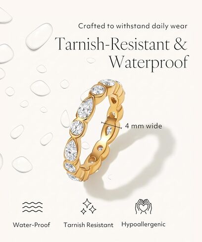 18K Gold Plated Eternity Band Ring for Women, Cubic Zirconia Stackable Ring, Bezel Set Multi-Cut Oval Pear Stones, Stainless Steel, Waterproof, Tarnish-Resistant in Kuwait