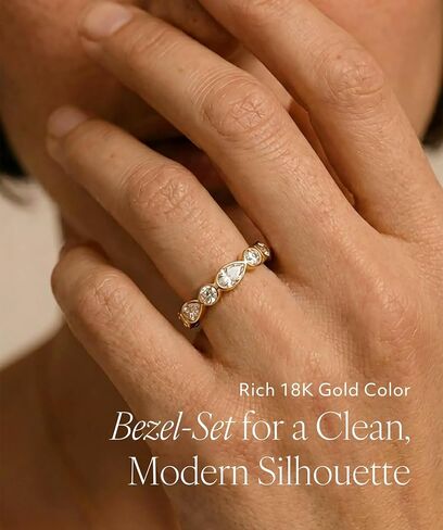 18K Gold Plated Eternity Band Ring for Women, Cubic Zirconia Stackable Ring, Bezel Set Multi-Cut Oval Pear Stones, Stainless Steel, Waterproof, Tarnish-Resistant in Kuwait