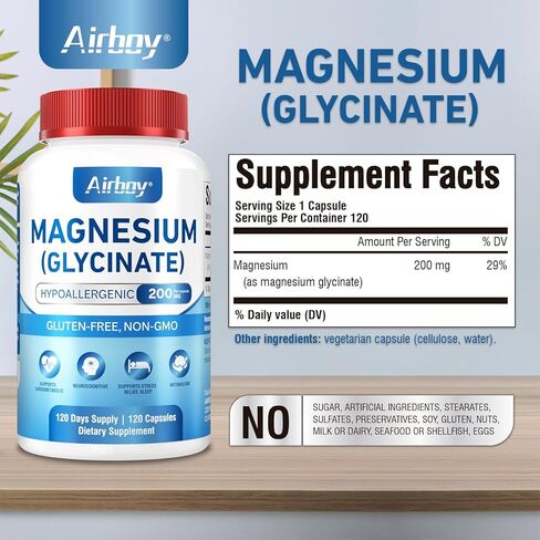 Magnesium Glycinate 200 mg,Elemental Magnesium Supplement,High Absorption,120 Capsules,Non-GMO and No Gluten,Vegan,Support Relaxation, Sleep and Calm Mood in Saudi Arabia
