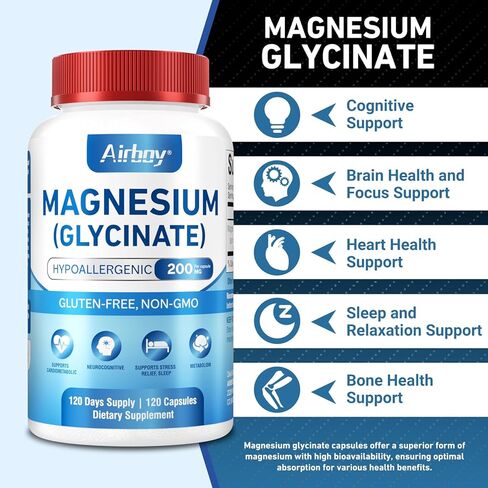 Magnesium Glycinate 200 mg,Elemental Magnesium Supplement,High Absorption,120 Capsules,Non-GMO and No Gluten,Vegan,Support Relaxation, Sleep and Calm Mood in Saudi Arabia