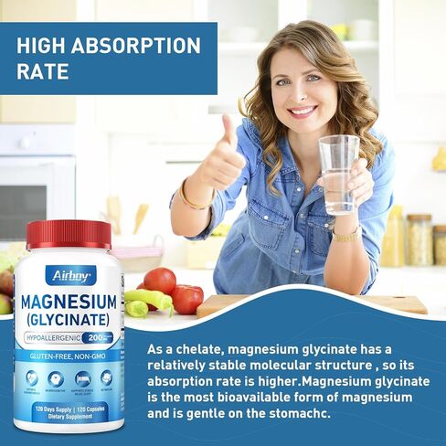 Magnesium Glycinate 200 mg,Elemental Magnesium Supplement,High Absorption,120 Capsules,Non-GMO and No Gluten,Vegan,Support Relaxation, Sleep and Calm Mood in Saudi Arabia