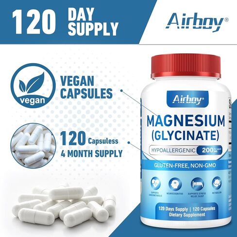 Magnesium Glycinate 200 mg,Elemental Magnesium Supplement,High Absorption,120 Capsules,Non-GMO and No Gluten,Vegan,Support Relaxation, Sleep and Calm Mood in Saudi Arabia