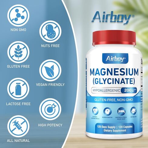 Magnesium Glycinate 200 mg,Elemental Magnesium Supplement,High Absorption,120 Capsules,Non-GMO and No Gluten,Vegan,Support Relaxation, Sleep and Calm Mood in Saudi Arabia