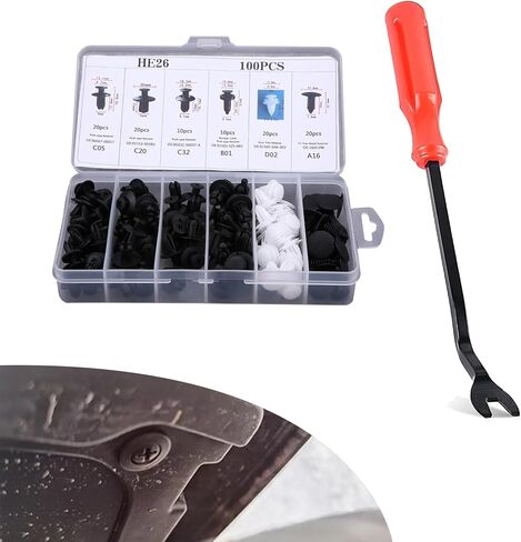 ijuicy 100 PCS Car Bumper Retainer Clips, Plastic Push Bumper Fastener Rivet Clips, 6.2mm 7.5mm 8.1mm 8.6mm 10mm Nylon Fasteners Rivet Replacement Kit with Removal Tool, Suitable for Most Cars in Saudi Arabia