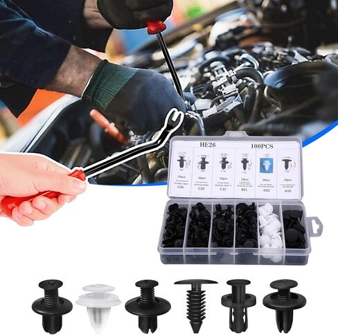 ijuicy 100 PCS Car Bumper Retainer Clips, Plastic Push Bumper Fastener Rivet Clips, 6.2mm 7.5mm 8.1mm 8.6mm 10mm Nylon Fasteners Rivet Replacement Kit with Removal Tool, Suitable for Most Cars in Saudi Arabia