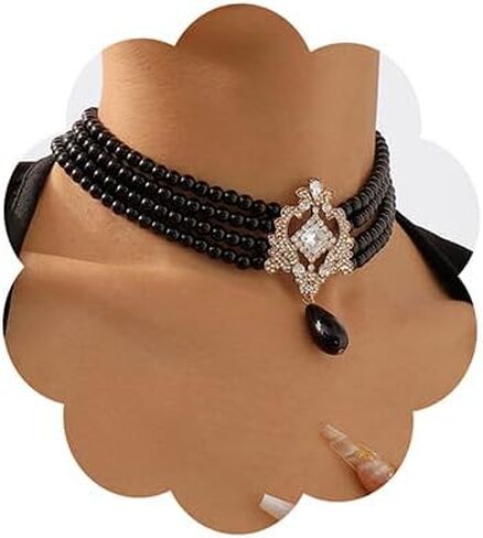 fxmimior النساء الزفاف خمر 1920s الطبقات الشرابة السوداء اللؤلؤ لامعة المختنق قلادة أزياء الشرير هالوين القلائد البسيطة للنساء والفتيات (أسود) in Kuwait