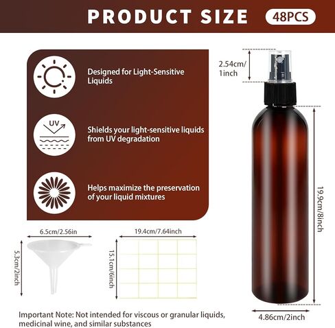 48 Pcs 8 oz Spray Bottles with Cap Amber Empty Plastic Travel Sprayer Refillable Fine Mist Cleaning Bottles for Oils Perfumes in Kuwait