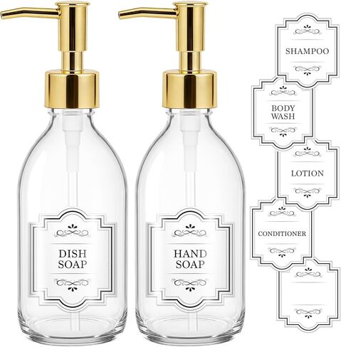 8 oz Clear Glass Pump Bottle, 250ml Small Lotion Dispenser Bottle for Body Massage Oil, Refillable Empty Hand and Dish Soap Dispensers Set with Plastic Silver Pump, Labels - 2 Pack in Saudi Arabia