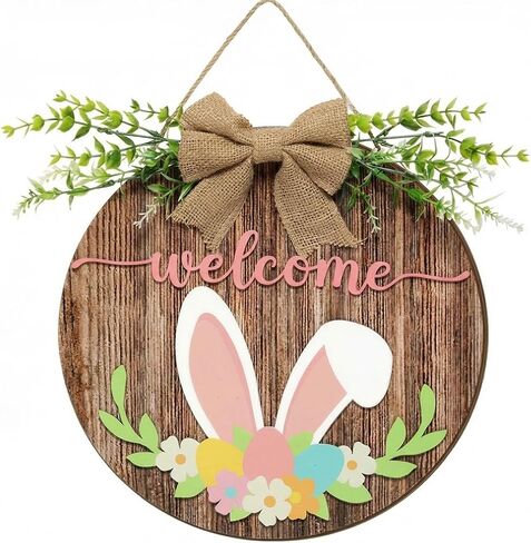 Capoda Easter Welcome Door Sign 3D Wooden Bunny Hanging Sign for Front Door Hanger Decorations with Bow Rabbit Rustic Easter Wood Wreath Wall Spring Holiday Farmhouse Window Home Decor in Saudi Arabia