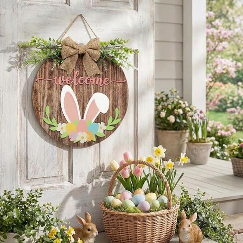 Capoda Easter Welcome Door Sign 3D Wooden Bunny Hanging Sign for Front Door Hanger Decorations with Bow Rabbit Rustic Easter Wood Wreath Wall Spring Holiday Farmhouse Window Home Decor in Saudi Arabia