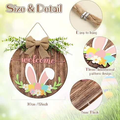 Capoda Easter Welcome Door Sign 3D Wooden Bunny Hanging Sign for Front Door Hanger Decorations with Bow Rabbit Rustic Easter Wood Wreath Wall Spring Holiday Farmhouse Window Home Decor in Saudi Arabia