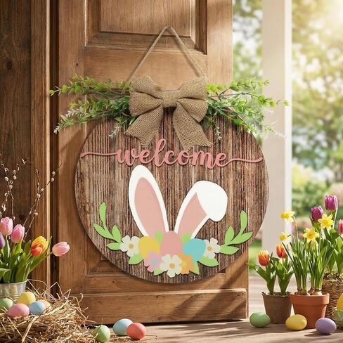 Capoda Easter Welcome Door Sign 3D Wooden Bunny Hanging Sign for Front Door Hanger Decorations with Bow Rabbit Rustic Easter Wood Wreath Wall Spring Holiday Farmhouse Window Home Decor in Saudi Arabia