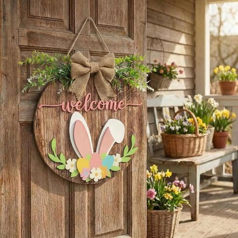 Capoda Easter Welcome Door Sign 3D Wooden Bunny Hanging Sign for Front Door Hanger Decorations with Bow Rabbit Rustic Easter Wood Wreath Wall Spring Holiday Farmhouse Window Home Decor in Saudi Arabia