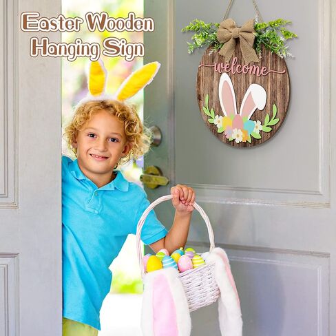 Capoda Easter Welcome Door Sign 3D Wooden Bunny Hanging Sign for Front Door Hanger Decorations with Bow Rabbit Rustic Easter Wood Wreath Wall Spring Holiday Farmhouse Window Home Decor in Saudi Arabia