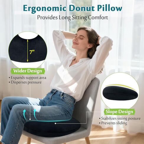 AOSSA Donut Pillow for Hemorrhoids & Tailbone Pain, Bed Sore Cushions for Butt, BBL Pillow After Surgery for Sleeping, Ergonomic Pressure Relief Seat Cushion for Sciatica, Postpartum (Black) in Kuwait