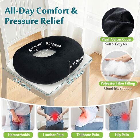AOSSA Donut Pillow for Hemorrhoids & Tailbone Pain, Bed Sore Cushions for Butt, BBL Pillow After Surgery for Sleeping, Ergonomic Pressure Relief Seat Cushion for Sciatica, Postpartum (Black) in Kuwait