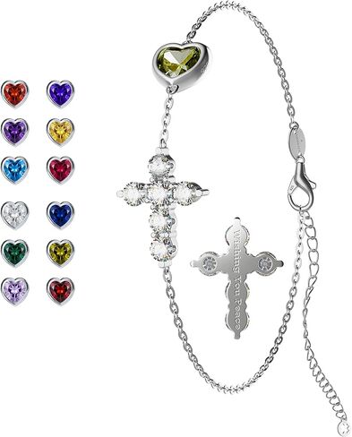 ÀIMBRACE Heart Birthstone Bracelets for Women: Moissanite Cross Motif, 925 Sterling Silver (Rhodium Plated), Clover Charm, Adjustable (6.5"–9.0"), Gift for Mom Girlfriend Wife Daughter in Saudi Arabia