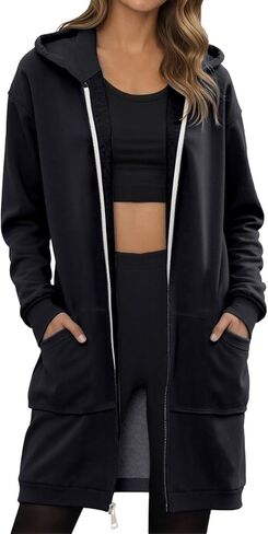 Women's Oversized Fleece-Lined Zip Up Hoodie Long Sleeve Tunic Sweatshirt Long Jacket with Pocket for Outerwear​​ in Saudi Arabia