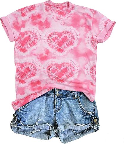 Women Valentines Day Shirts Tie Dye Heart Graphic Short Sleeve Cute Round Neck Shirt for Women Lover Gift Tops in Kuwait