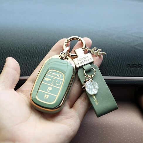 غطاء مفتاح Fob لسيارة Honda CRV 2026، غطاء مفتاح ذهبي لسيارة Civic HRV Pilot Accord 2025، حافظة مفاتيح ذكية مع سلسلة مفاتيح جلدية 2024، ملحقات السيارة بلينغ (BT5B أخضر) in Kuwait