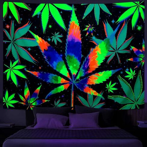 Blacklight Trippy Weed UV Reactive Tapestry, Psychedelic Hemp Leaf Tapestry Cool Colourful Tie Dyed Marijuana Small Black Light Tapestries for Mens Bedroom Living Room Dorm, 60X40IN in Kuwait