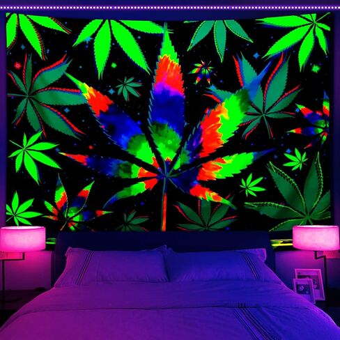 Blacklight Trippy Weed UV Reactive Tapestry, Psychedelic Hemp Leaf Tapestry Cool Colourful Tie Dyed Marijuana Small Black Light Tapestries for Mens Bedroom Living Room Dorm, 60X40IN in Kuwait