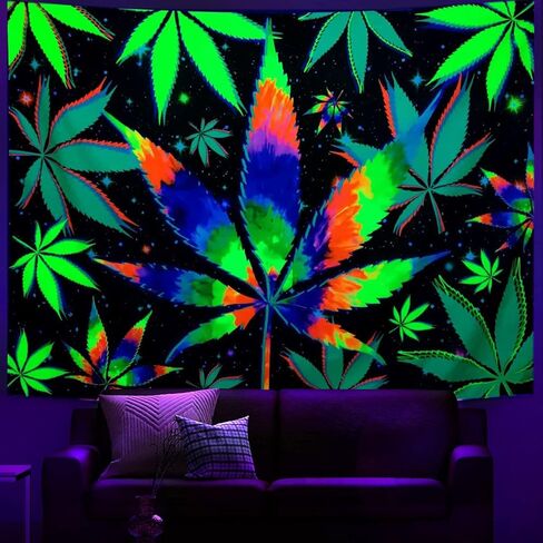 Blacklight Trippy Weed UV Reactive Tapestry, Psychedelic Hemp Leaf Tapestry Cool Colourful Tie Dyed Marijuana Small Black Light Tapestries for Mens Bedroom Living Room Dorm, 60X40IN in Kuwait