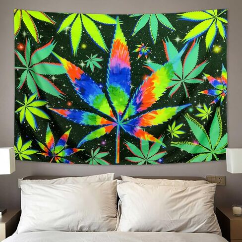 Blacklight Trippy Weed UV Reactive Tapestry, Psychedelic Hemp Leaf Tapestry Cool Colourful Tie Dyed Marijuana Small Black Light Tapestries for Mens Bedroom Living Room Dorm, 60X40IN in Kuwait