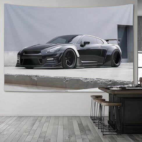 PailailaiNest Wall Art Jdm Car White Wall Black R35 Cool Tapestry Wall Hanging Backdrop Wall Decor for Bedroom Living Room Decor for Men And Woman 40"x60" in Kuwait