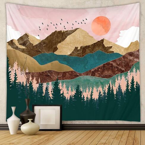 Misty Forest Tapestry - Watercolor Pine Tree Landscape with Birds, Nature Wall Hanging for Bedroom Aesthetic, Living Room, Dorm Decor(60"x39.5") in Saudi Arabia