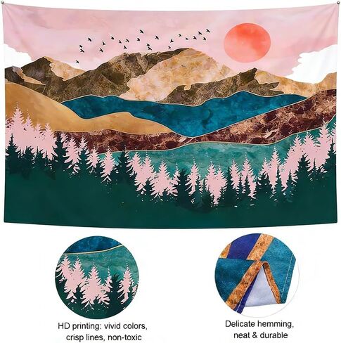 Misty Forest Tapestry - Watercolor Pine Tree Landscape with Birds, Nature Wall Hanging for Bedroom Aesthetic, Living Room, Dorm Decor(60"x39.5") in Saudi Arabia