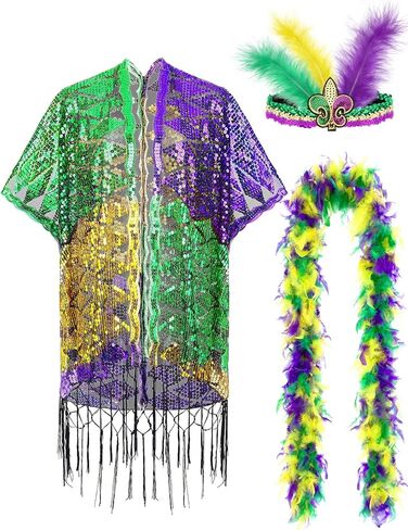 Jansun Mardi Gras Costume Accessory Outfit Set Shawl Feather Headband Boa Long Poncho Cape for Mardi Gras Party Favor in Kuwait