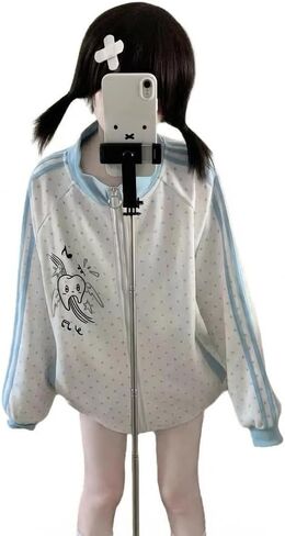 Women's Y2K Kawaii Zip Up Track Jacket Cute Harajuku Graphic Japanese Streetwear Stand Collar Oversized Top in Saudi Arabia