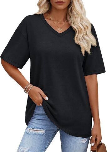 YUCOLEN Oversized Tshirts for Women Cotton V Neck Short Sleeve Loose Fit Tees Summer UPF 50+ Casual Soft Workout Tops in Kuwait