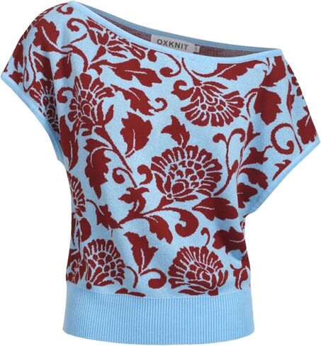 OXKNIT Knit Off The Shoulder T-Shirt for Women, Retro Florals Pattern Ribbed Blue Tops Tee Shirts- Short Size in Kuwait