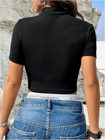 SOLY HUX Women's Letter Graphic Tees Zip Up Mock Neck Short Sleeve Crop Tops Going Out T Shirt in Saudi Arabia