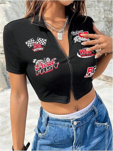 SOLY HUX Women's Letter Graphic Tees Zip Up Mock Neck Short Sleeve Crop Tops Going Out T Shirt in Saudi Arabia